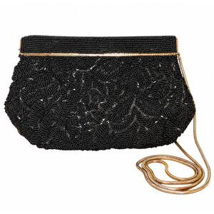 Vintage Carla Marchi Black Beaded Evening Clutch Purse Gold Chain Strap Formal
